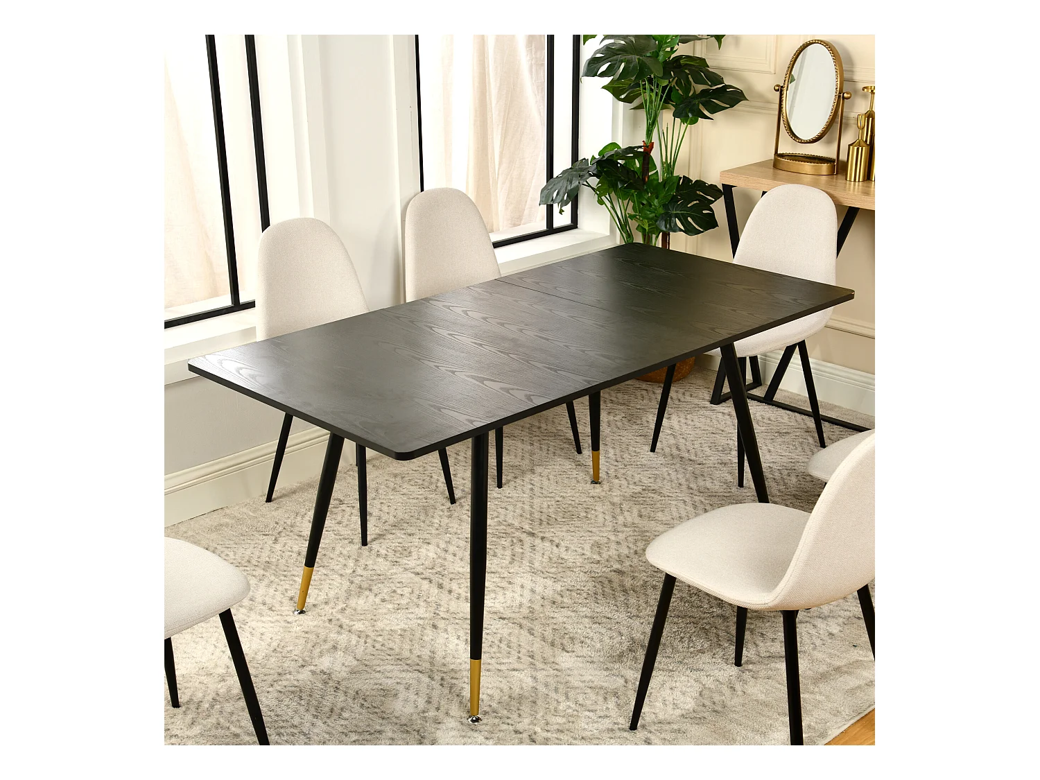 URBAN MEUBLE Table de salle à manger rectangulaire extensible noir effet bois de style scandinave pieds points dorés 120-160