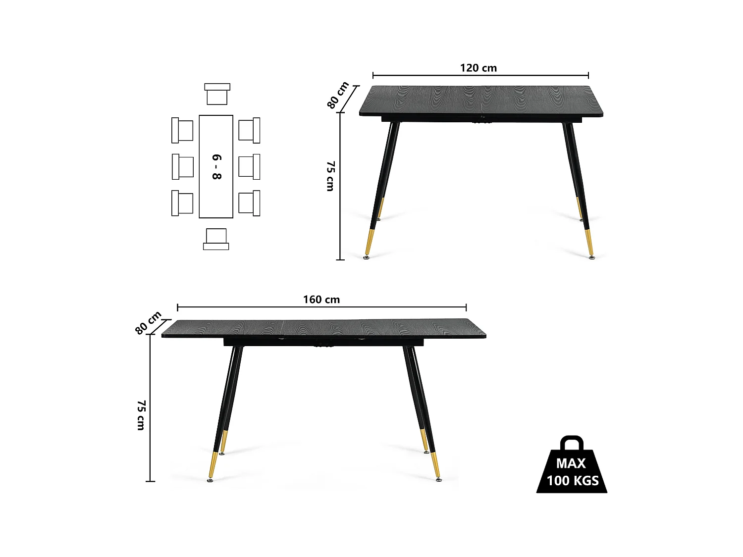 URBAN MEUBLE Table de salle à manger rectangulaire extensible noir effet bois de style scandinave pieds points dorés 120-160