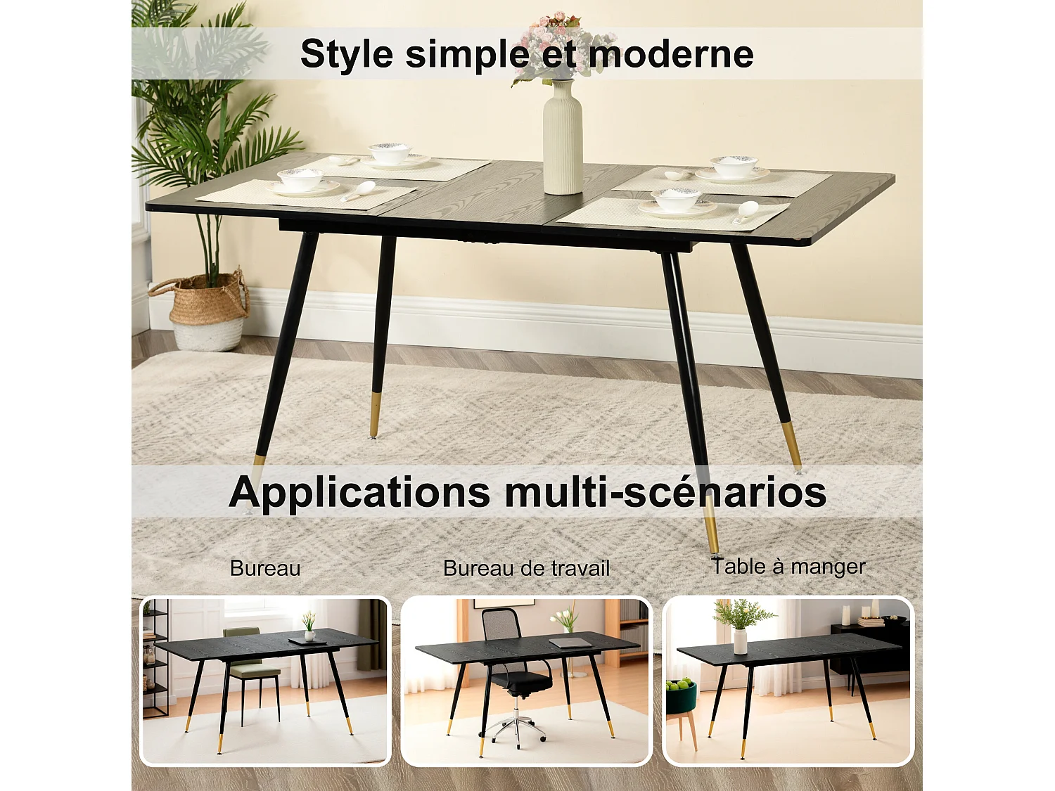 URBAN MEUBLE Table de salle à manger rectangulaire extensible noir effet bois de style scandinave pieds points dorés 120-160