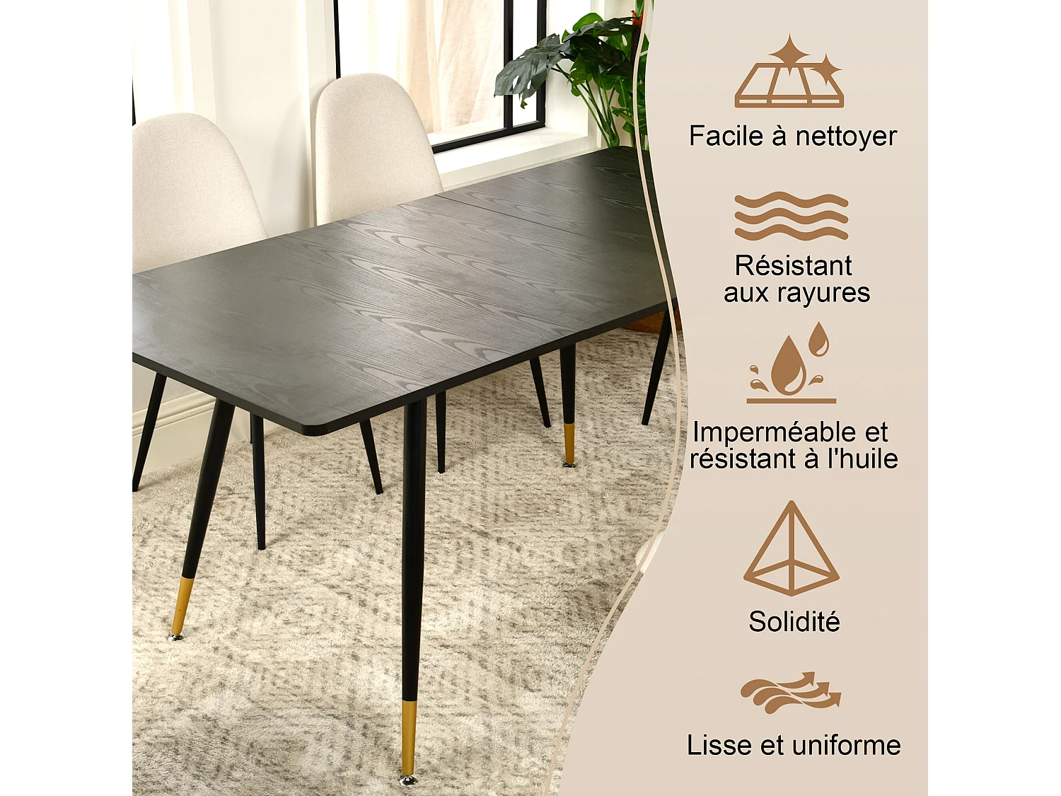 URBAN MEUBLE Table de salle à manger rectangulaire extensible noir effet bois de style scandinave pieds points dorés 120-160