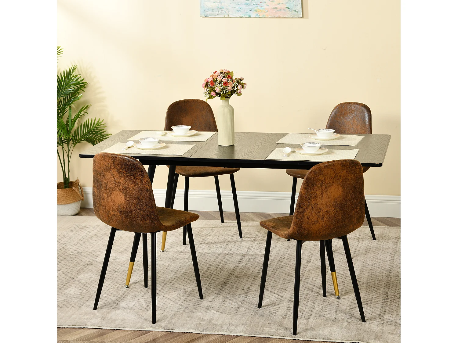 URBAN MEUBLE Table de salle à manger rectangulaire extensible noir effet bois de style scandinave pieds points dorés 120-160