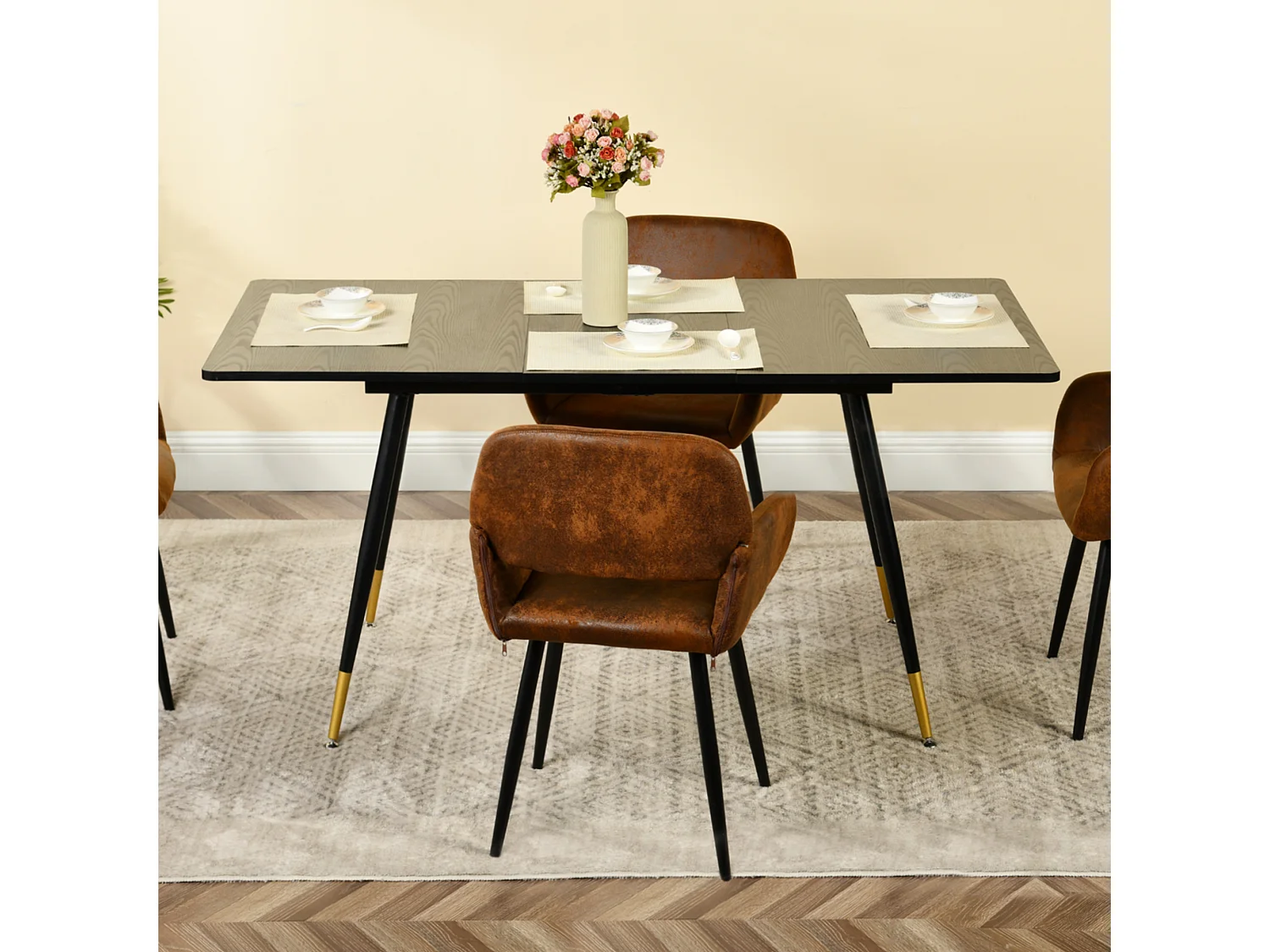 URBAN MEUBLE Table de salle à manger rectangulaire extensible noir effet bois de style scandinave pieds points dorés 120-160