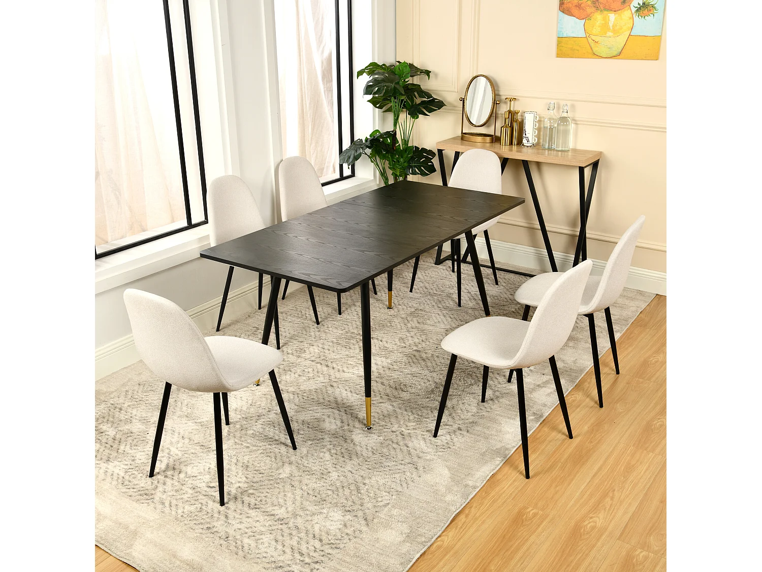 URBAN MEUBLE Table de salle à manger rectangulaire extensible noir effet bois de style scandinave pieds points dorés 120-160