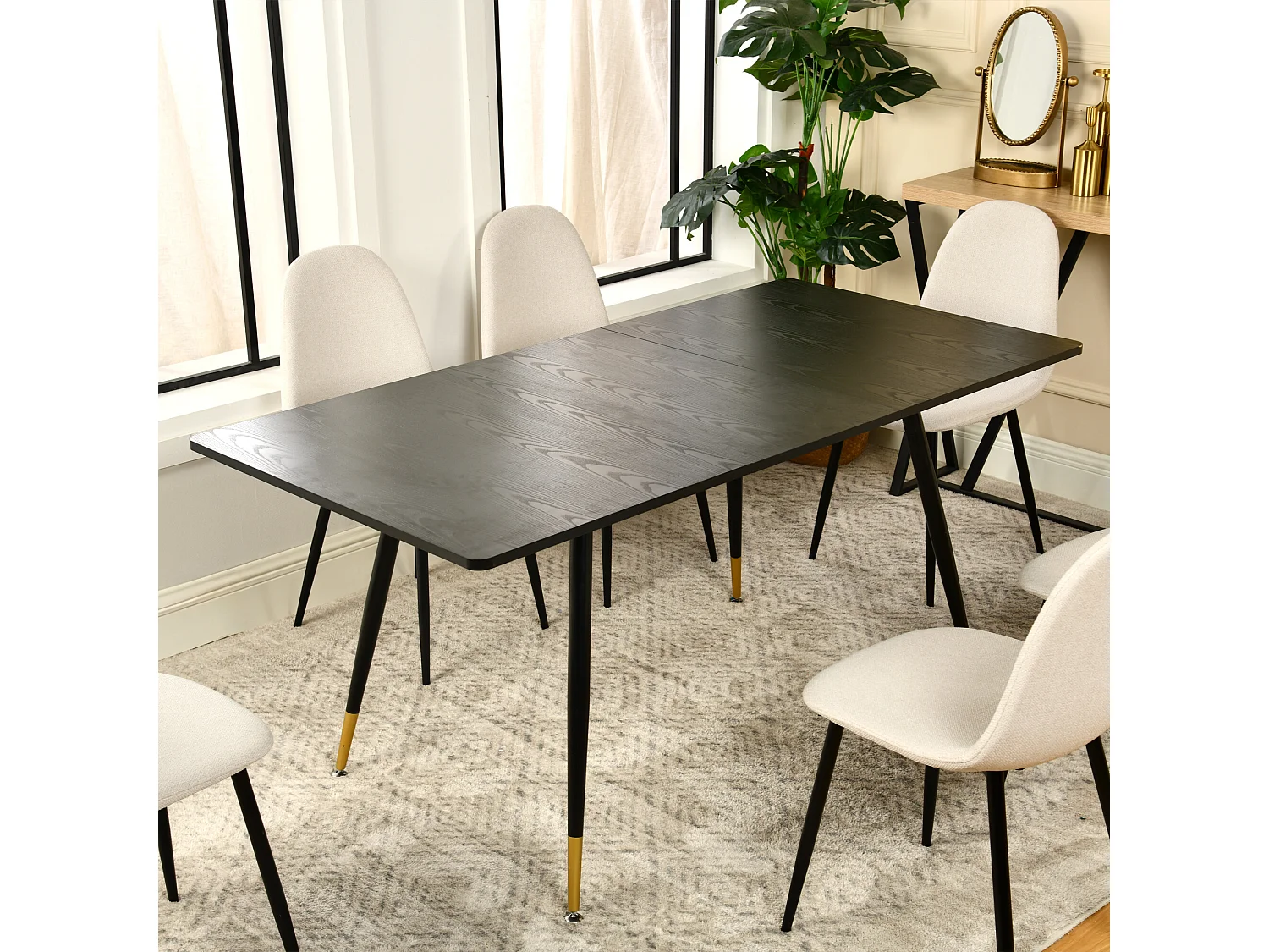 URBAN MEUBLE Table de salle à manger rectangulaire extensible noir effet bois de style scandinave pieds points dorés 120-160