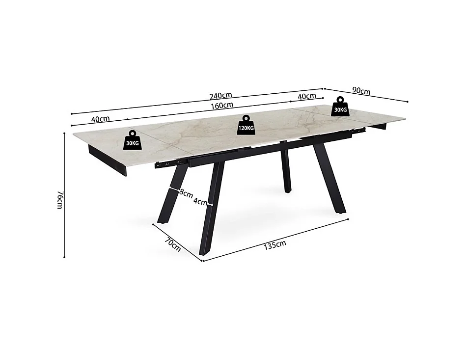 Table extensible LAROS – 160 à 240 cm – Plateau en pierre marbré beige – Structure métal – Design haut de gamme
