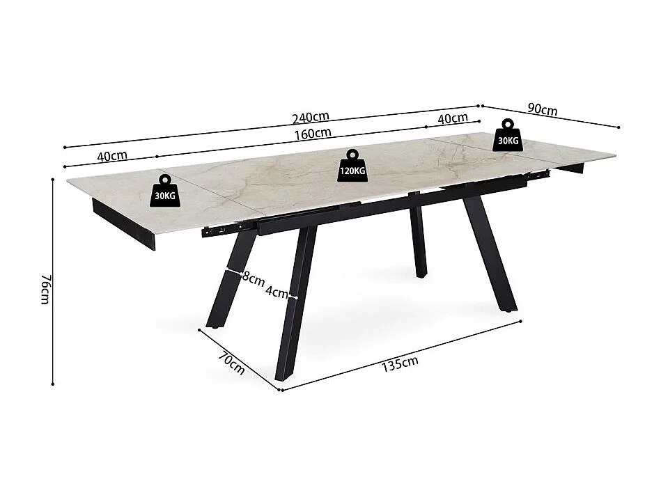 Mesa extensible LAROS – 160 a 240 cm – Tablero de piedra mármol beige – Estructura metálica – Diseño de alta gama