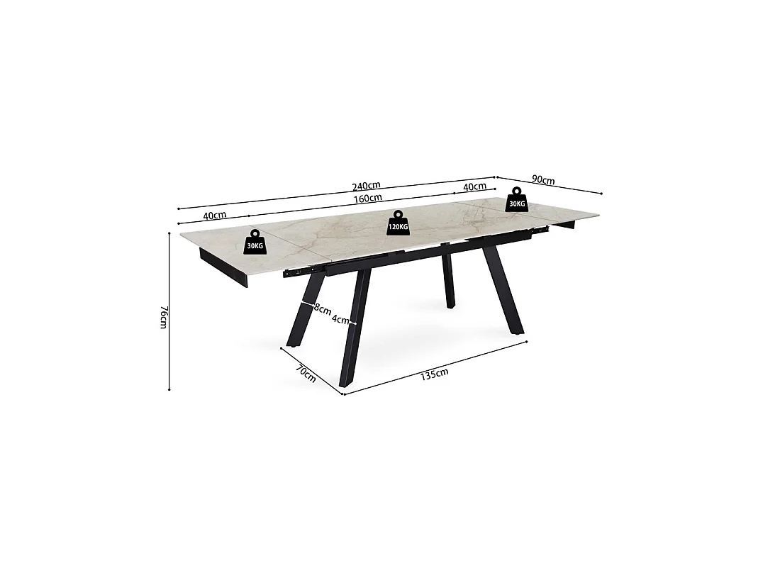 Table extensible LAROS – 160 à 240 cm – Plateau en pierre marbré beige – Structure métal – Design haut de gamme