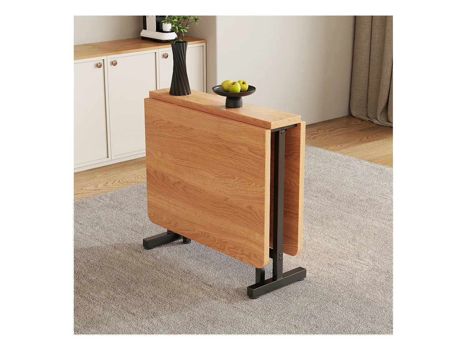 Table à manger rectangle Pliable 4 personnes en MDF, plateau en finition woodgrain naturel clair et pieds en métal noir - 120x80x75cm