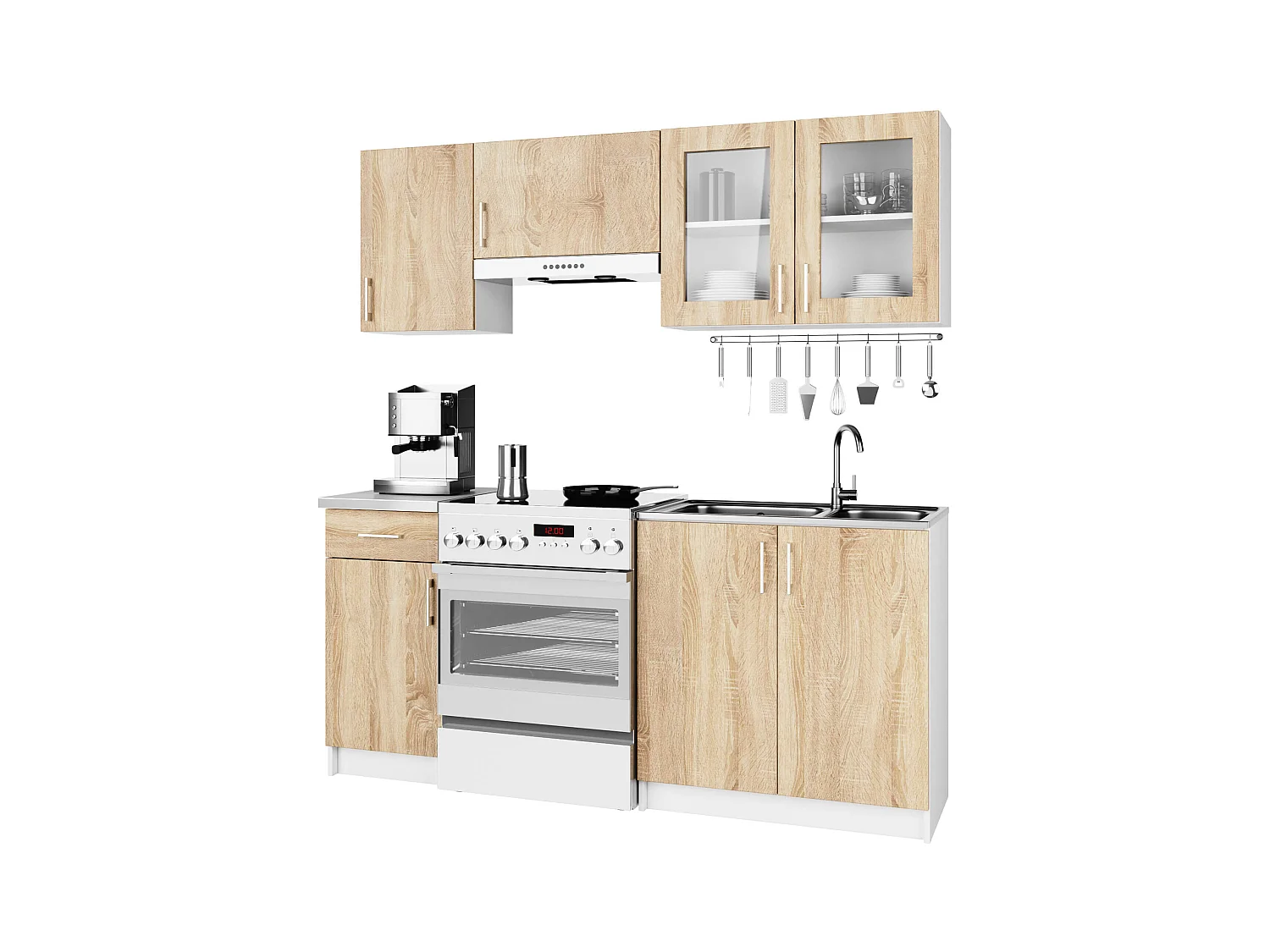 Ensemble de cuisine vitré AKORD LIMA 1.8m Blanc 180 cm 7 portes 1 tiroir façade Chêne Sonoma 8 étagères 180x44,5x203 cm