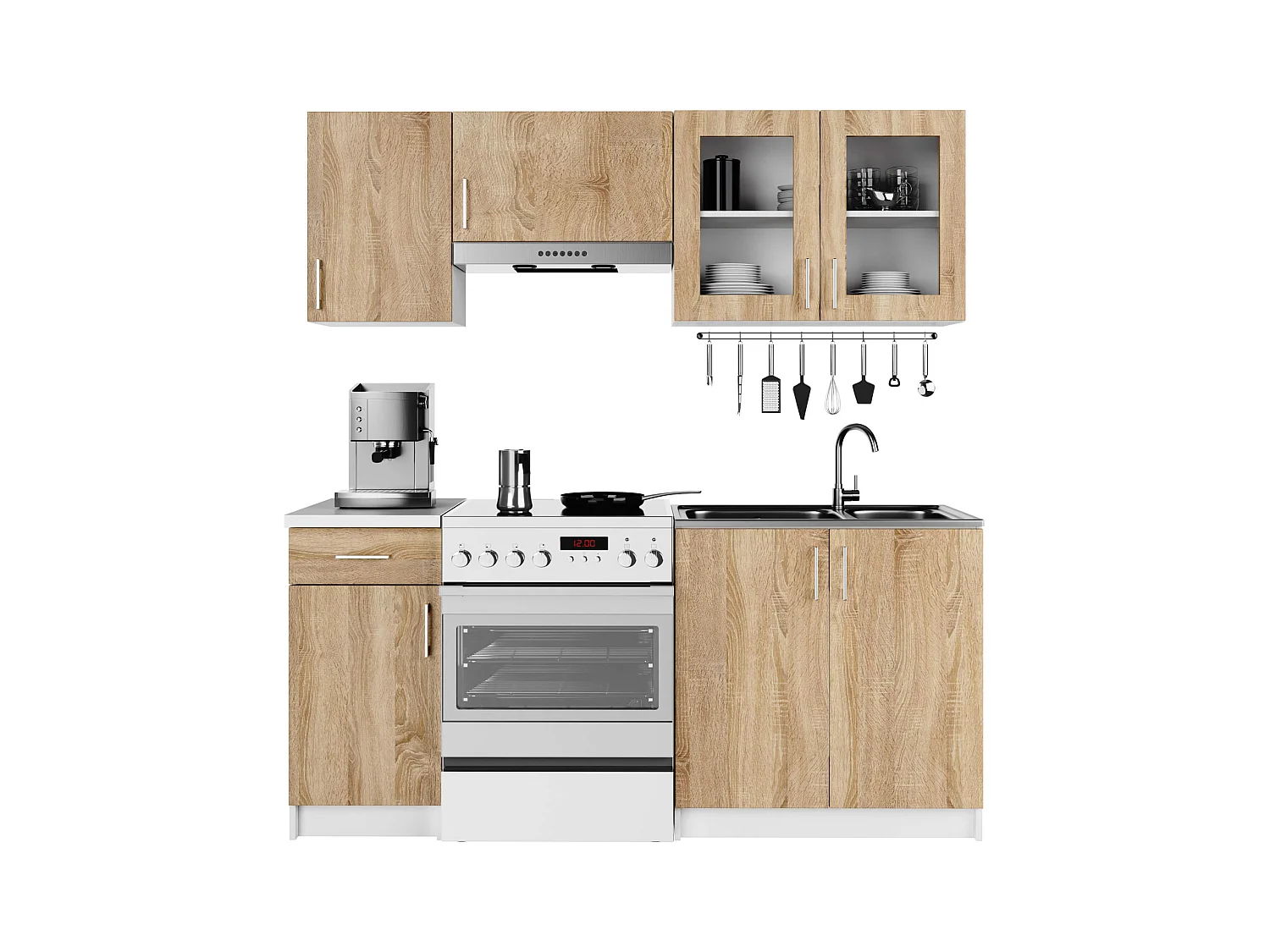 Ensemble de cuisine vitré AKORD LIMA 1.8m Blanc 180 cm 7 portes 1 tiroir façade Chêne Sonoma 8 étagères 180x44,5x203 cm