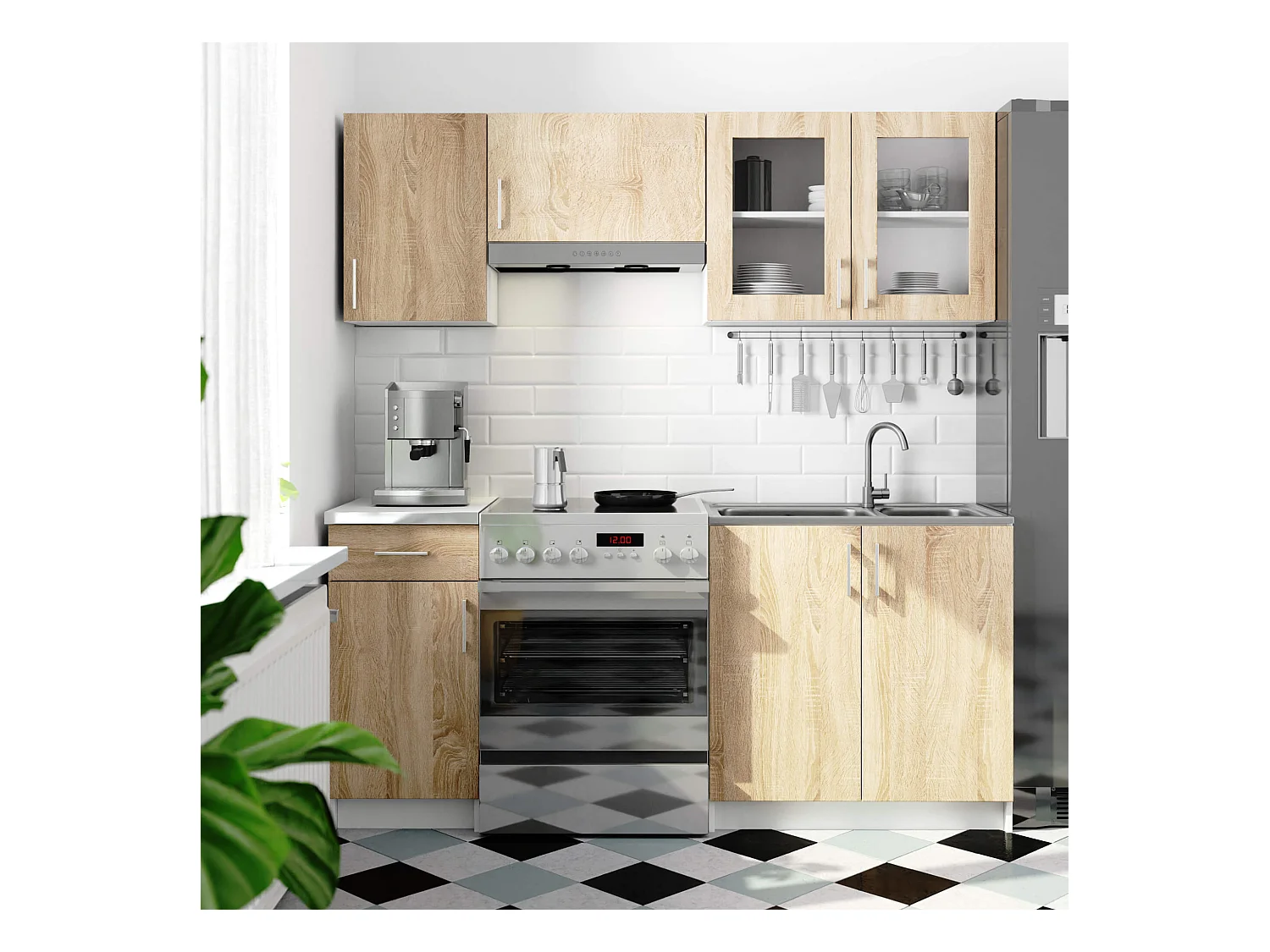 Ensemble de cuisine vitré AKORD LIMA 1.8m Blanc 180 cm 7 portes 1 tiroir façade Chêne Sonoma 8 étagères 180x44,5x203 cm