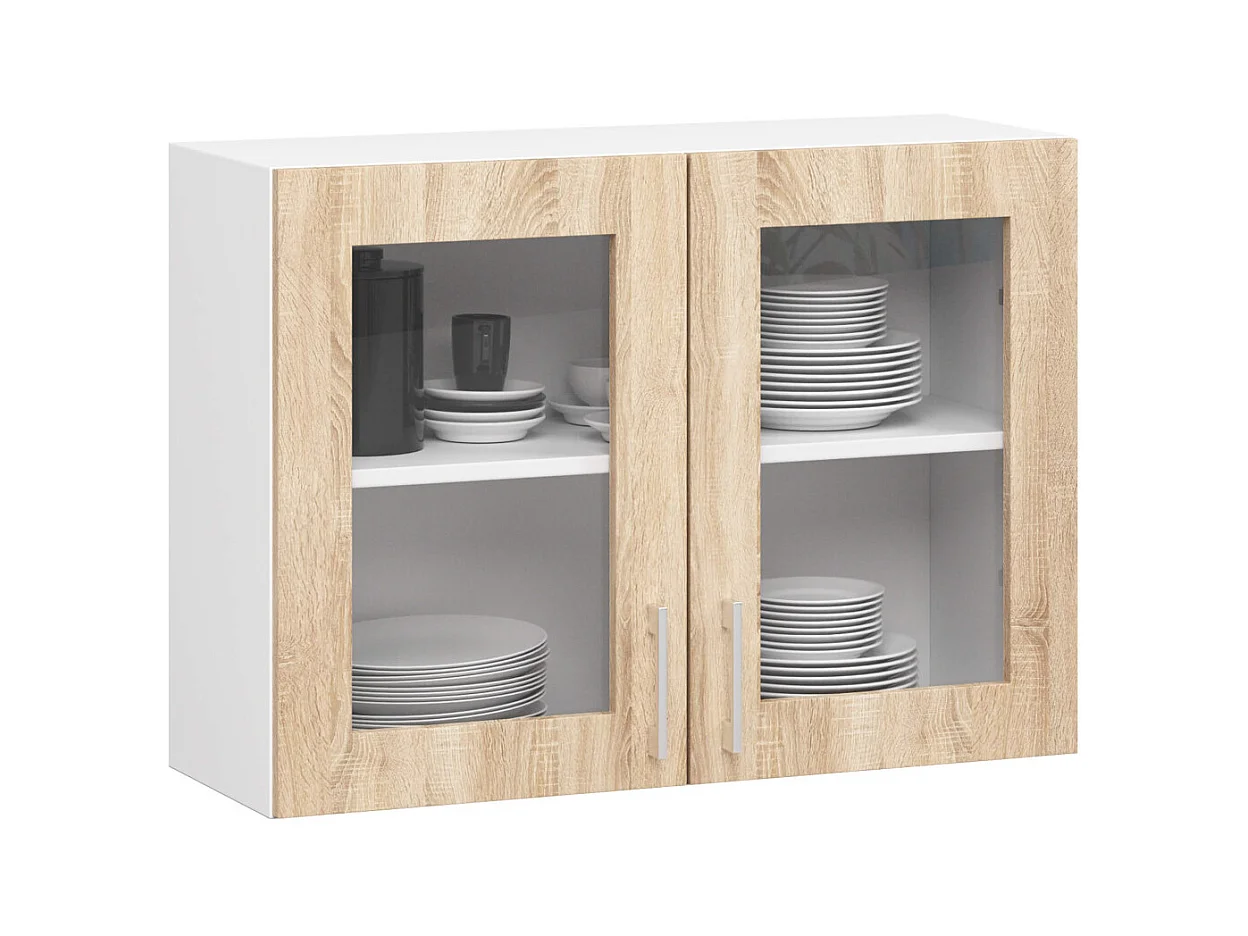 Ensemble de cuisine vitré AKORD LIMA 1.8m Blanc 180 cm 7 portes 1 tiroir façade Chêne Sonoma 8 étagères 180x44,5x203 cm