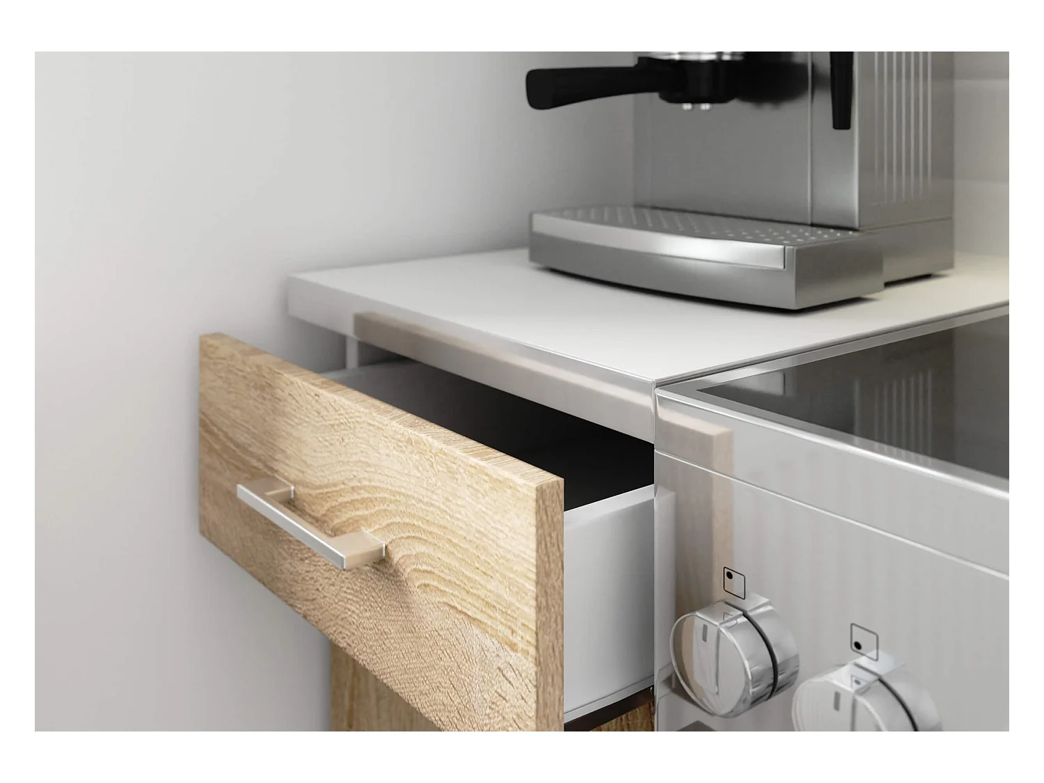 Ensemble de cuisine vitré AKORD LIMA 1.8m Blanc 180 cm 7 portes 1 tiroir façade Chêne Sonoma 8 étagères 180x44,5x203 cm
