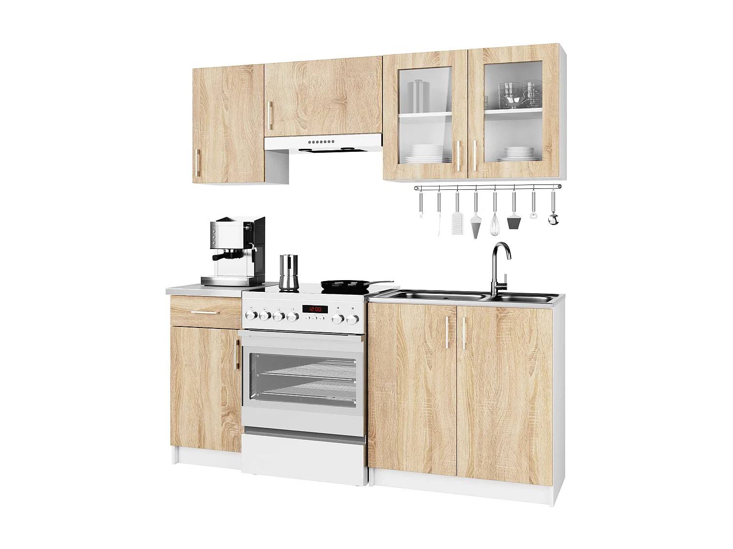 Complete Keuken, Keukenmeubelset met Verkblad LIMA 180 cm breed met Vitrinekast / Keukeneenheid zonder apparatuur / Wit – Sonoma Eik / 180 x 203 x 44,5 cm