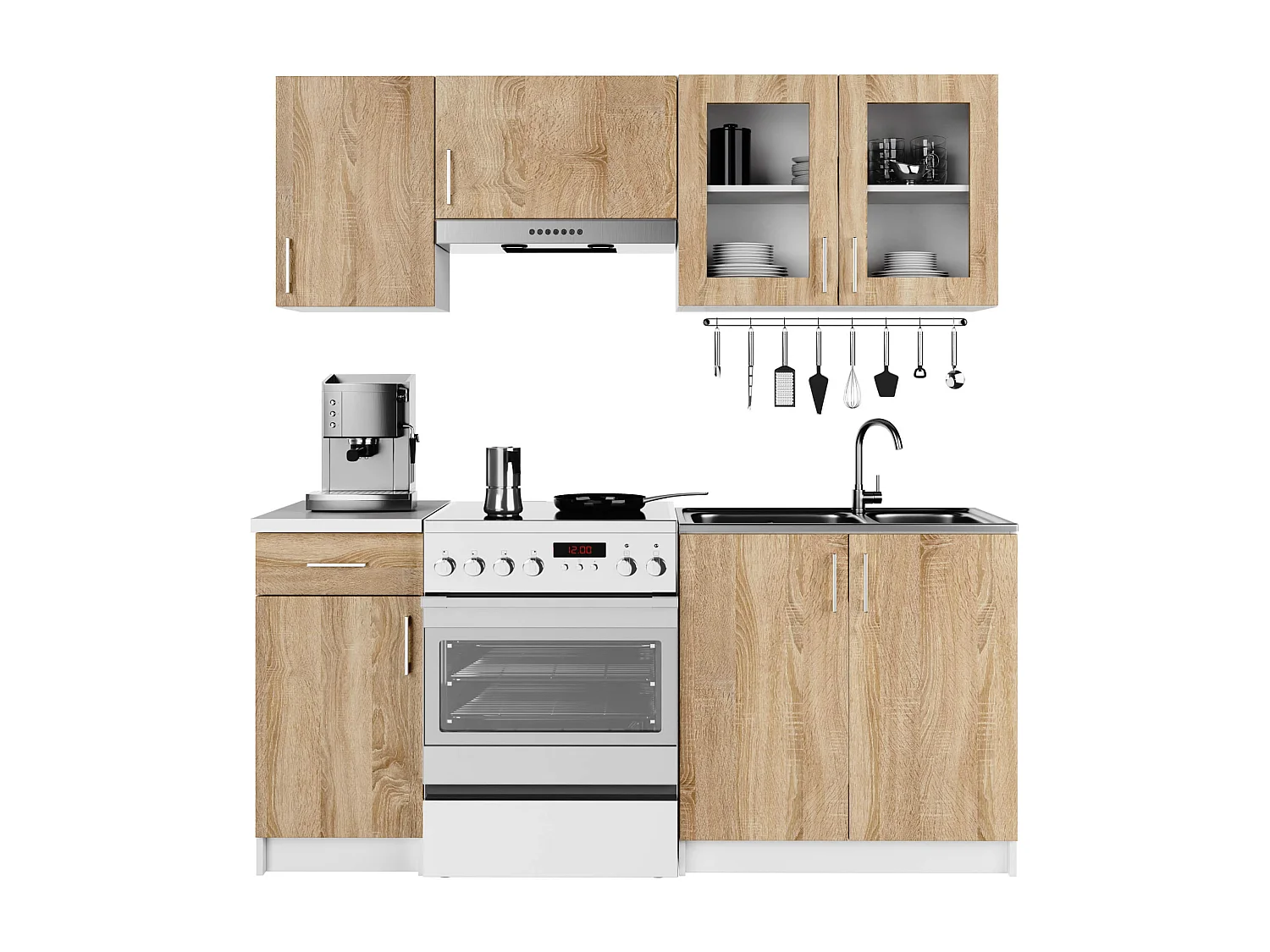 Complete Keuken, Keukenmeubelset met Verkblad LIMA 180 cm breed met Vitrinekast / Keukeneenheid zonder apparatuur / Wit – Sonoma Eik / 180 x 203 x 44,5 cm