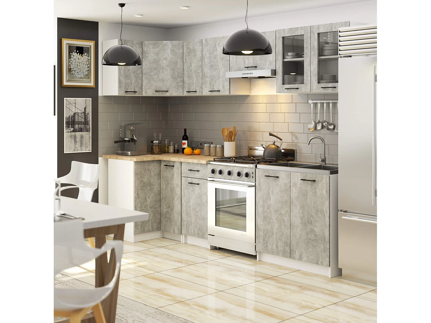 Ensemble de cuisine vitré AKORD OLIWIA 3.0m Blanc 300 cm 11 portes 1 tiroir façade Béton 300x46x203 cm