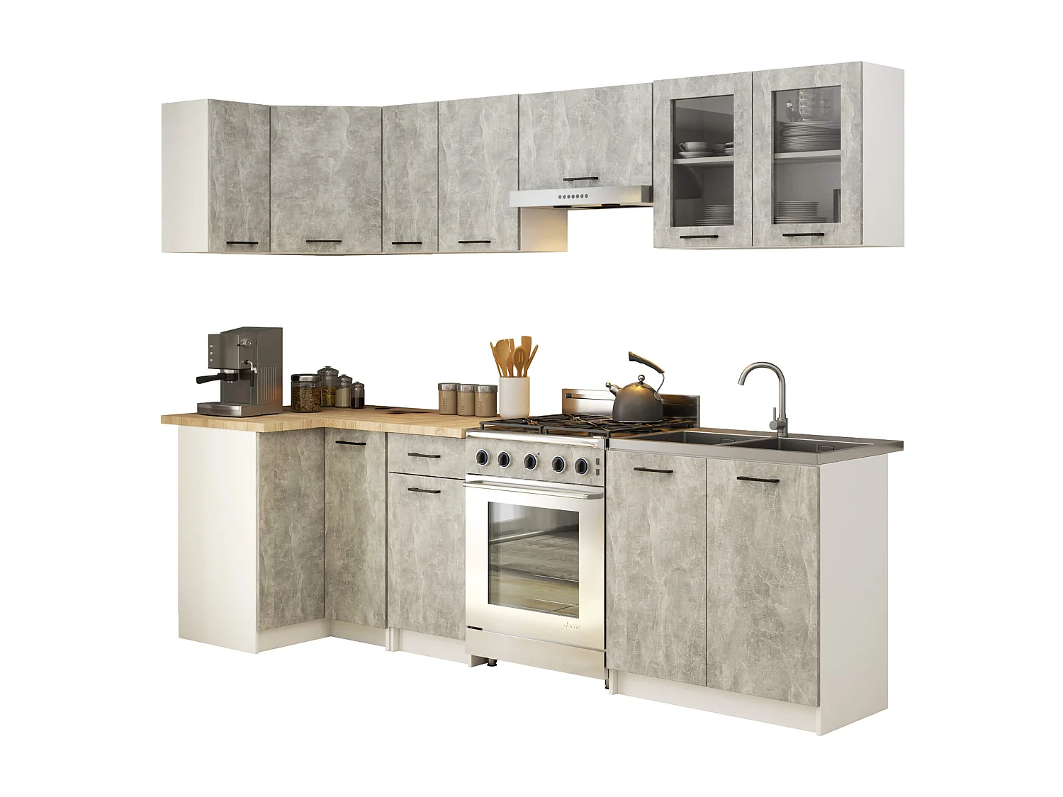 Küchenmöbel-Set OLIWIA 3.0m Modulares Weiß 300 cm 11 Türen 1 Schublade Front Beton B300xH203xT46 cm