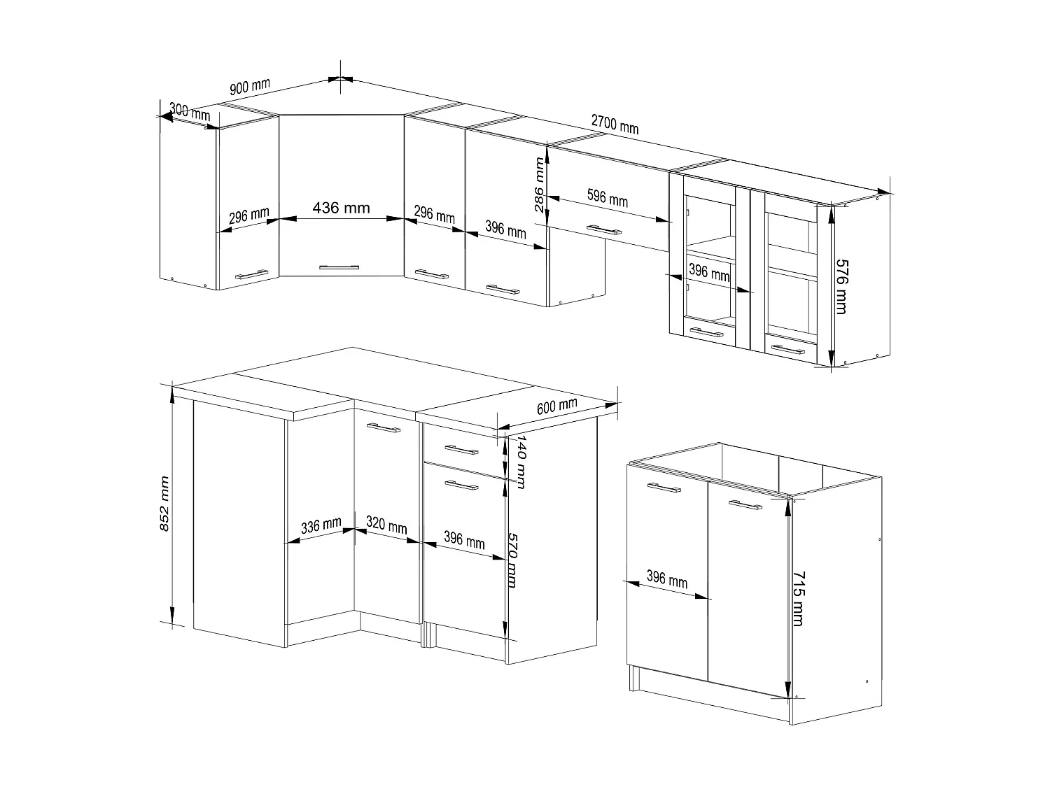 Küchenmöbel-Set OLIWIA 3.0m Modulares Weiß 300 cm 11 Türen 1 Schublade Front Beton B300xH203xT46 cm