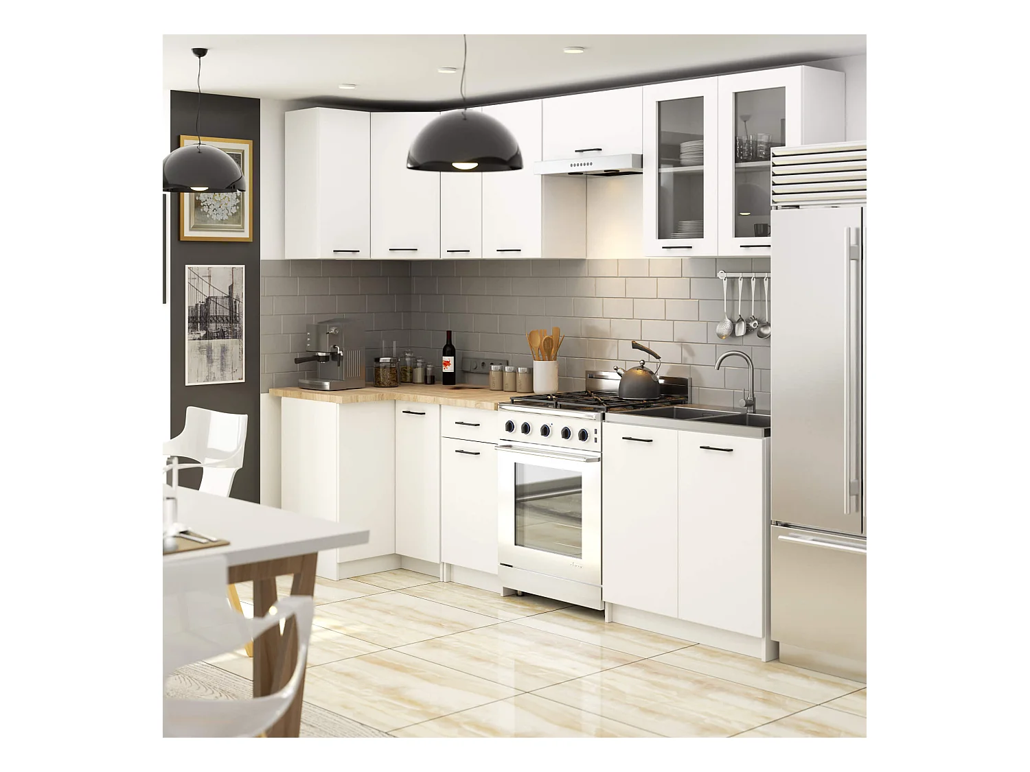 Ensemble de cuisine vitré AKORD OLIWIA 3.0m H720 Blanc 300 cm 11 portes 1 tiroir façade Blanche 300x46x203 cm