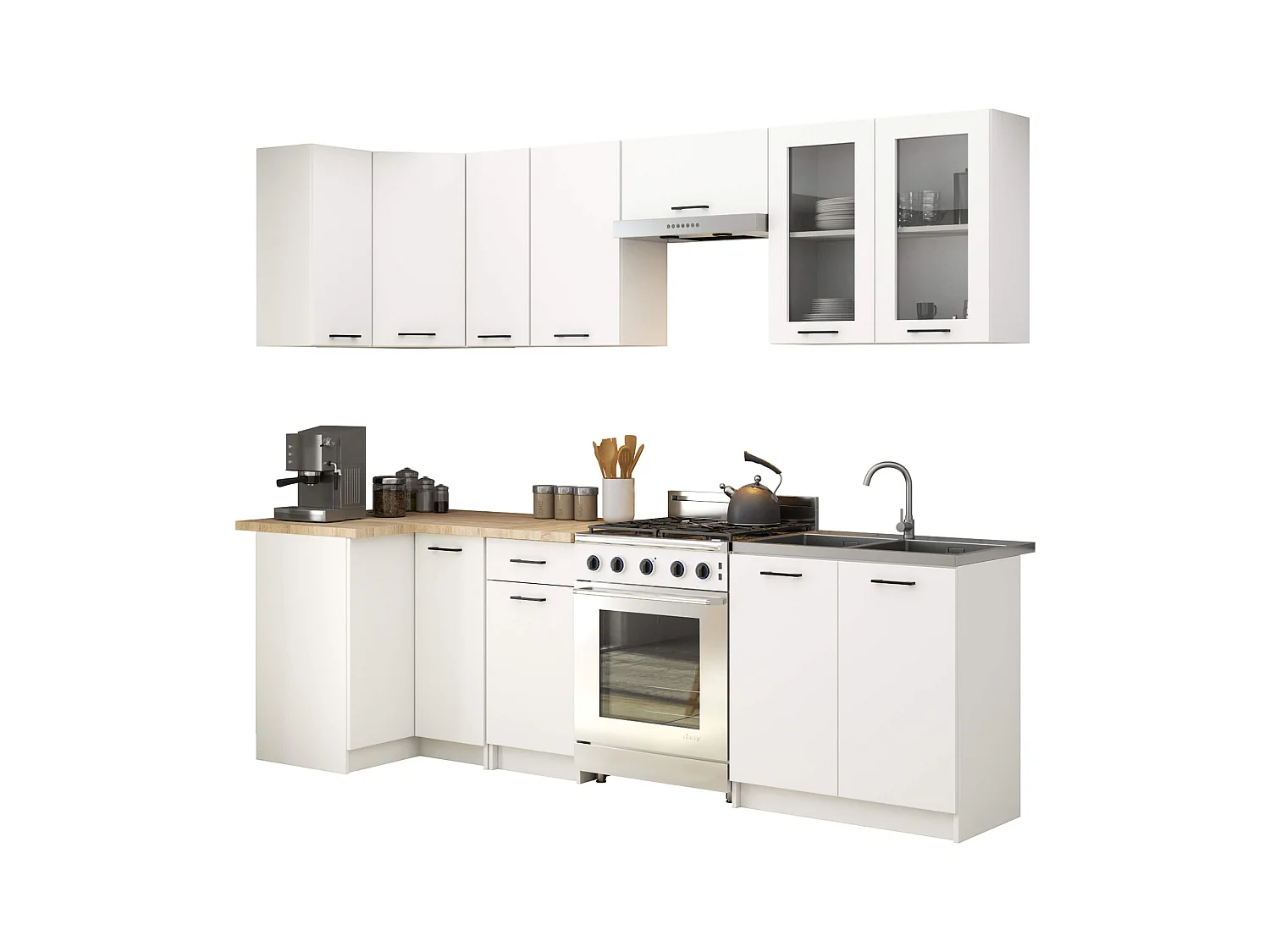 Ensemble de cuisine vitré AKORD OLIWIA 3.0m H720 Blanc 300 cm 11 portes 1 tiroir façade Blanche 300x46x203 cm