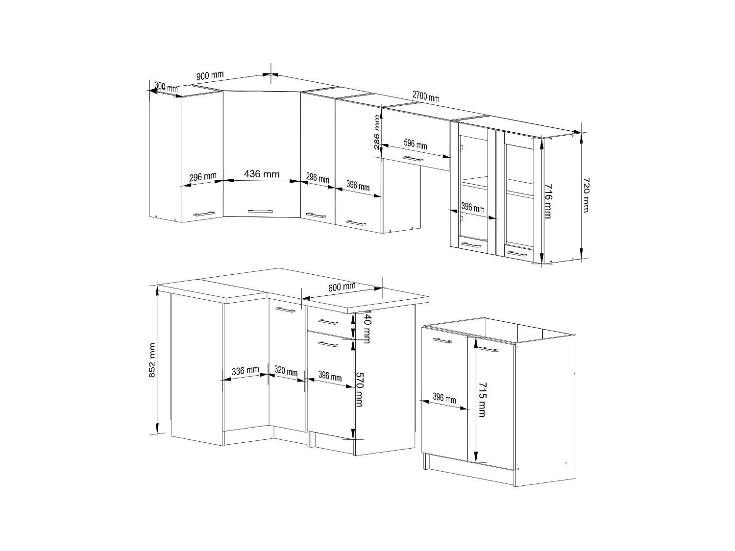 Ensemble de cuisine vitré AKORD OLIWIA 3.0m H720 Blanc 300 cm 11 portes 1 tiroir façade Blanche 300x46x203 cm