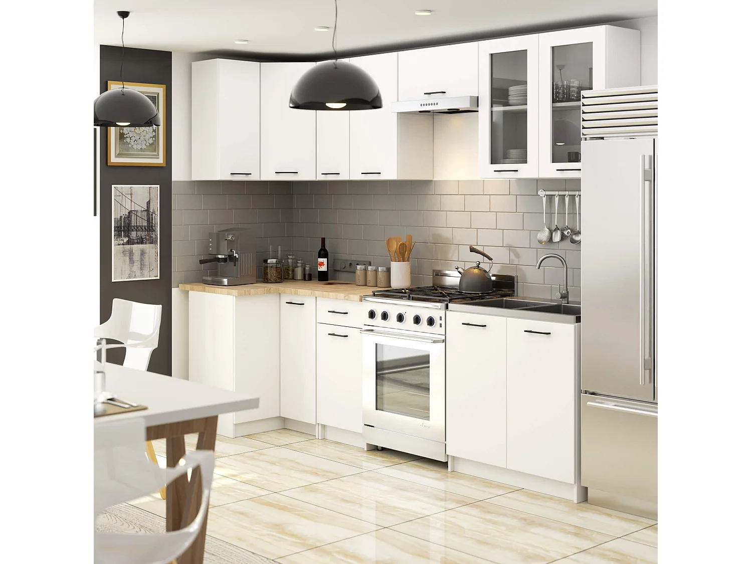 Ensemble de cuisine vitré AKORD OLIWIA 3.0m H720 Blanc 300 cm 11 portes 1 tiroir façade Blanche 300x46x203 cm