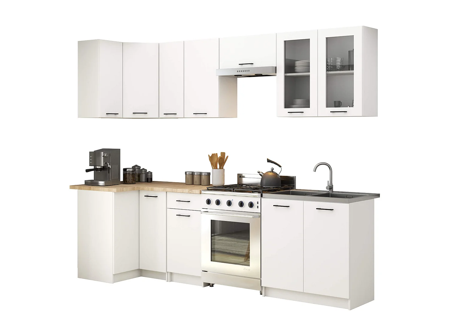 Ensemble de cuisine vitré AKORD OLIWIA 3.0m H720 Blanc 300 cm 11 portes 1 tiroir façade Blanche 300x46x203 cm