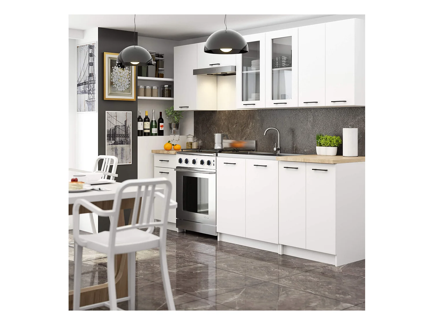 Ensemble de cuisine vitré AKORD OLIWIA 2.4m Blanc 240 cm 11 portes 1 tiroir façade Blanche 240x46x203 cm