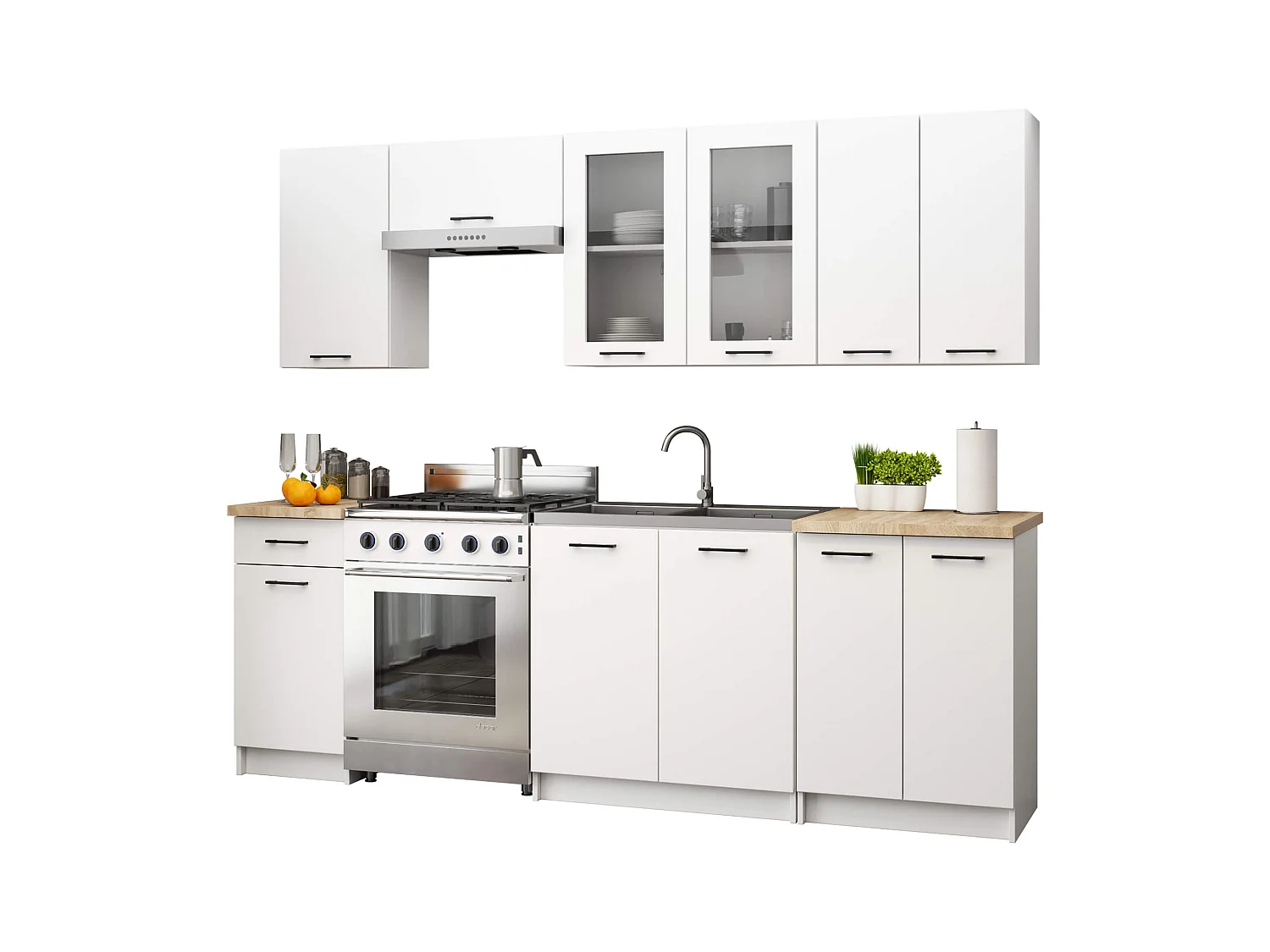 Ensemble de cuisine vitré AKORD OLIWIA 2.4m Blanc 240 cm 11 portes 1 tiroir façade Blanche 240x46x203 cm