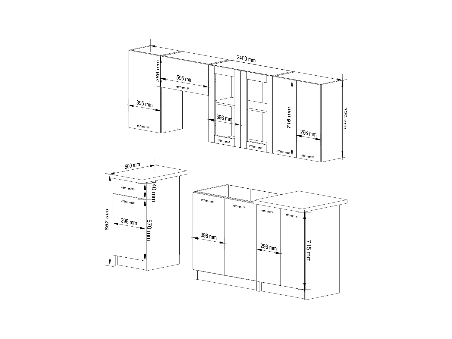 Ensemble de cuisine vitré AKORD OLIWIA 2.4m Blanc 240 cm 11 portes 1 tiroir façade Blanche 240x46x203 cm