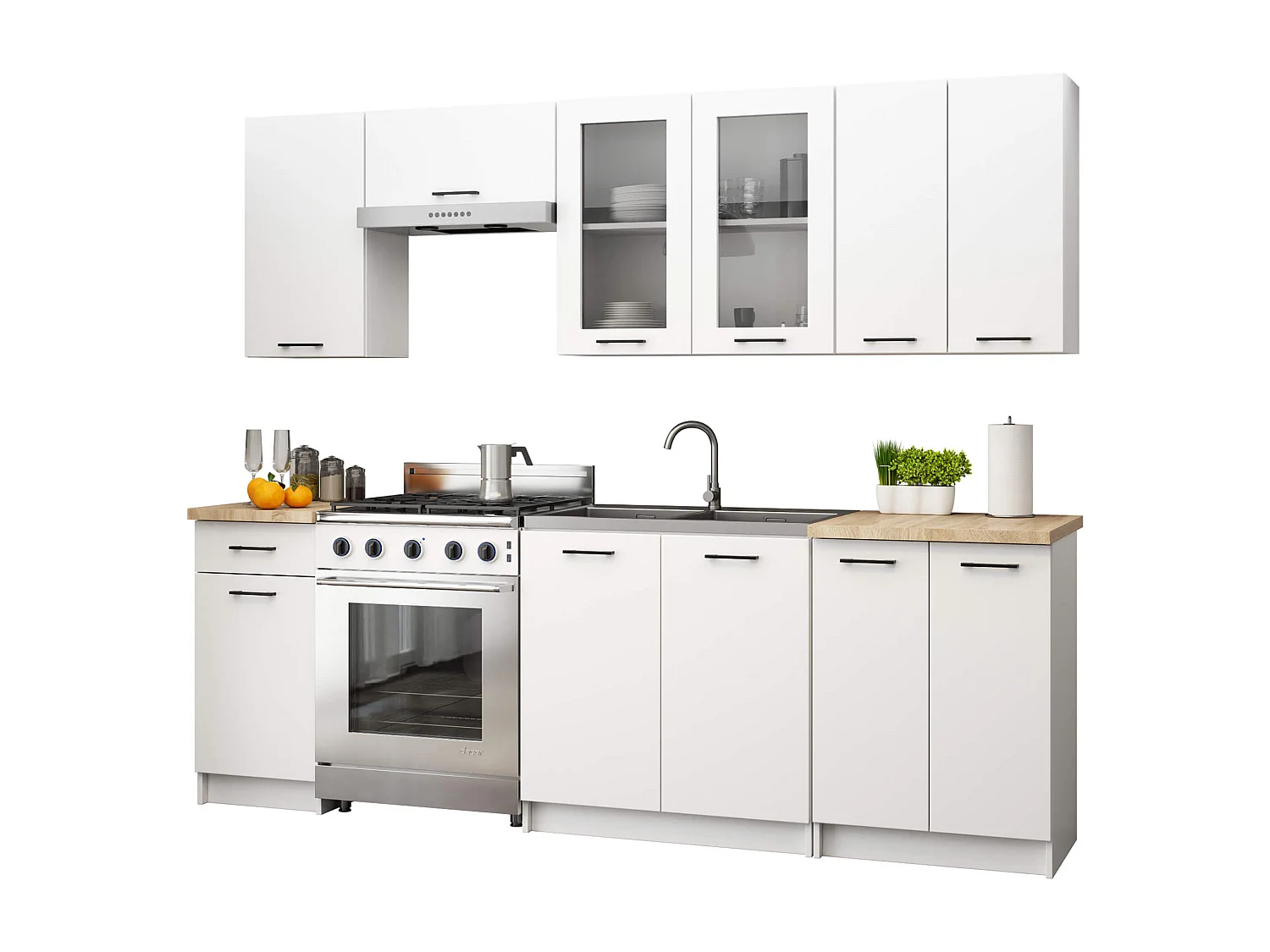 Ensemble de cuisine vitré AKORD OLIWIA 2.4m Blanc 240 cm 11 portes 1 tiroir façade Blanche 240x46x203 cm