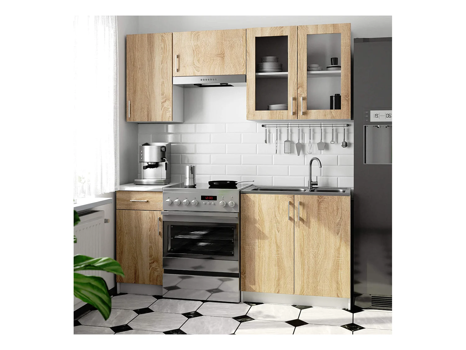 Ensemble de cuisine vitré AKORD LIMA 1.8m H720 Blanc 180 cm 7 portes 1 tiroir façade Chêne Sonoma 8 étagères 180x44,5x203 cm
