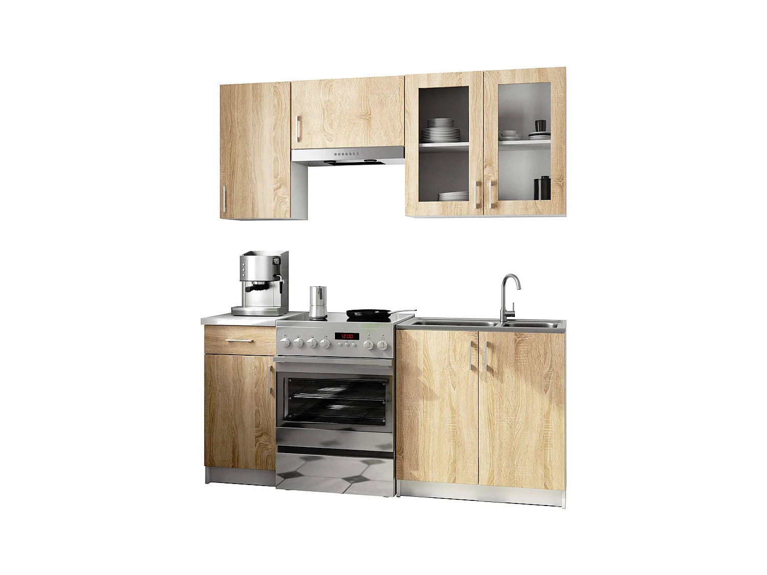 Ensemble de cuisine vitré AKORD LIMA 1.8m H720 Blanc 180 cm 7 portes 1 tiroir façade Chêne Sonoma 8 étagères 180x44,5x203 cm