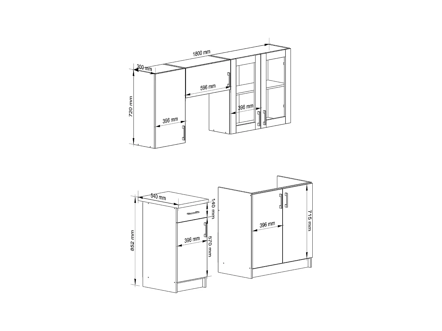 Ensemble de cuisine vitré AKORD LIMA 1.8m H720 Blanc 180 cm 7 portes 1 tiroir façade Chêne Sonoma 8 étagères 180x44,5x203 cm