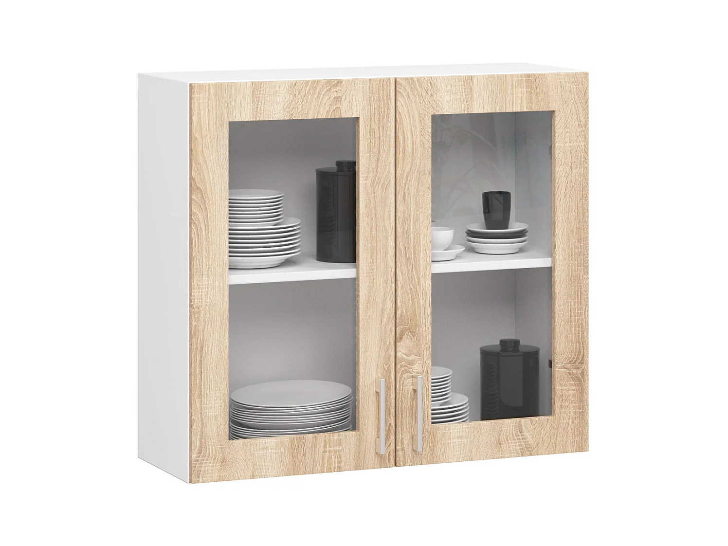 Ensemble de cuisine vitré AKORD LIMA 1.8m H720 Blanc 180 cm 7 portes 1 tiroir façade Chêne Sonoma 8 étagères 180x44,5x203 cm
