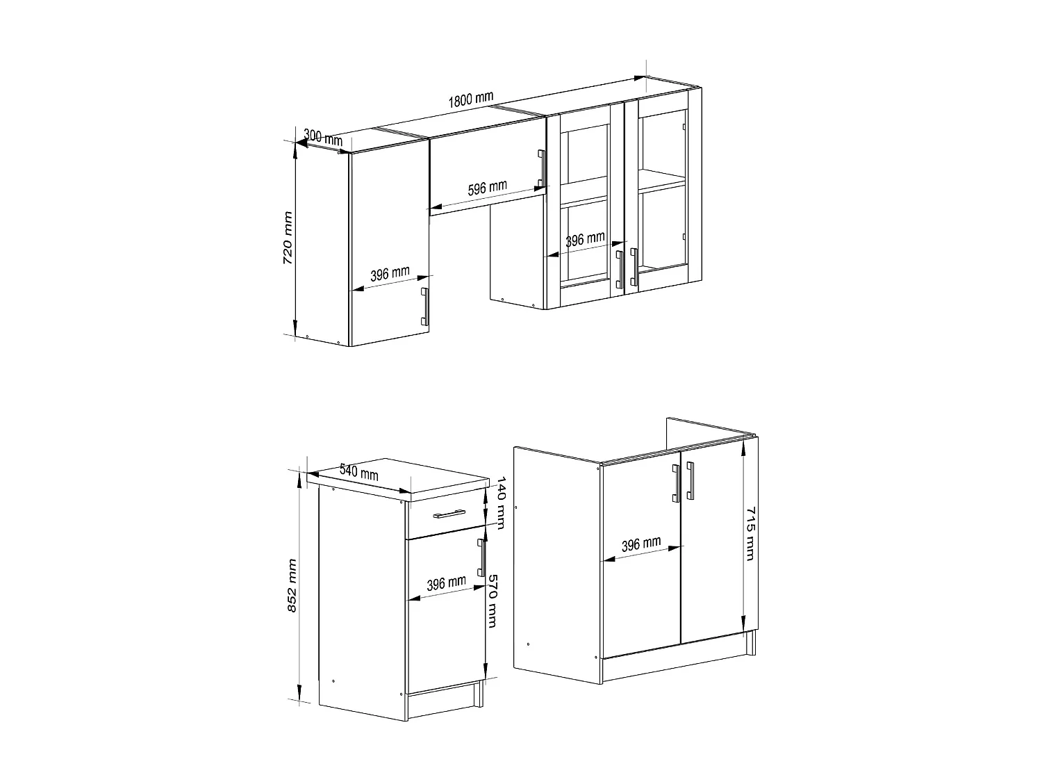 Complete Keuken, Keukenmeubelset met Verkblad LIMA H720 180 cm breed met Vitrinekast / Keukeneenheid zonder apparatuur / Wit – Sonoma Eik / 180 x 203 x 44,5 cm