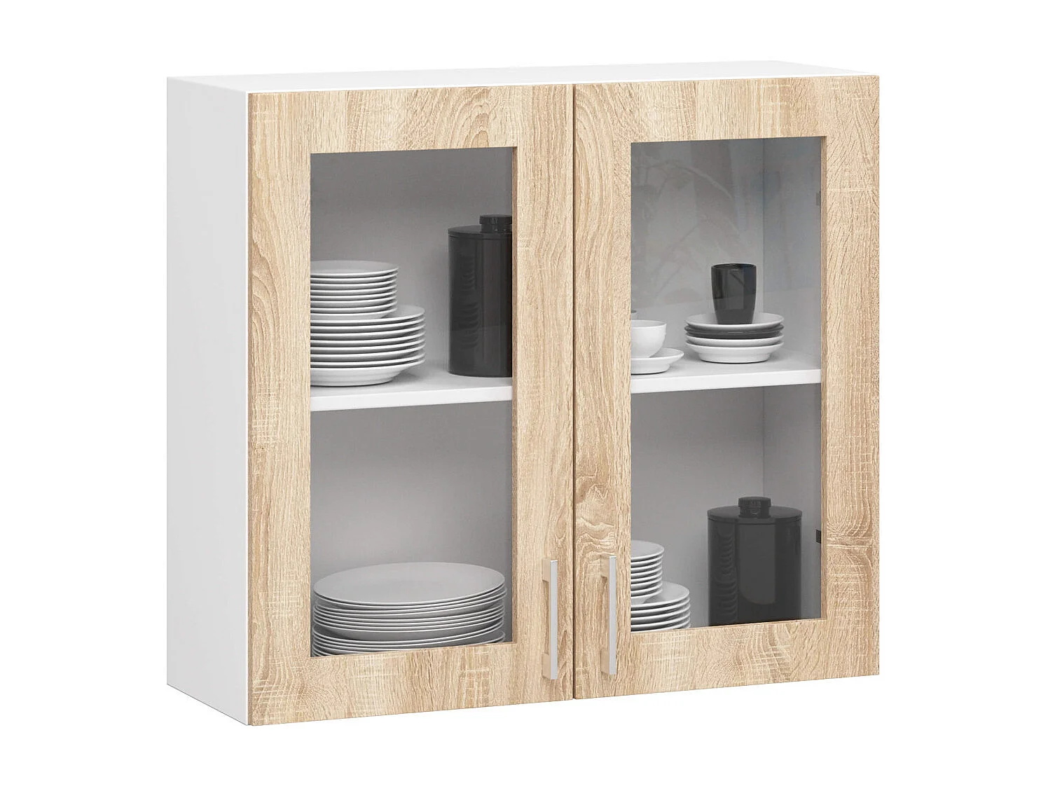 Complete Keuken, Keukenmeubelset met Verkblad LIMA H720 180 cm breed met Vitrinekast / Keukeneenheid zonder apparatuur / Wit – Sonoma Eik / 180 x 203 x 44,5 cm