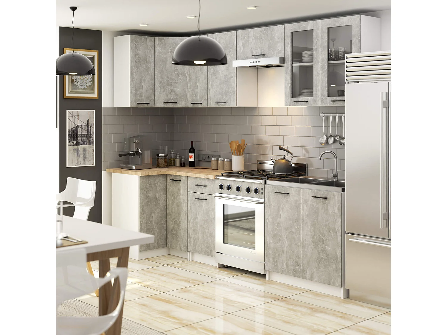 Küchenmöbel-Set OLIWIA 3.0m Modulares Weiß 300 cm 11 Türen 1 Schublade Front Beton B300xH203xT46 cm