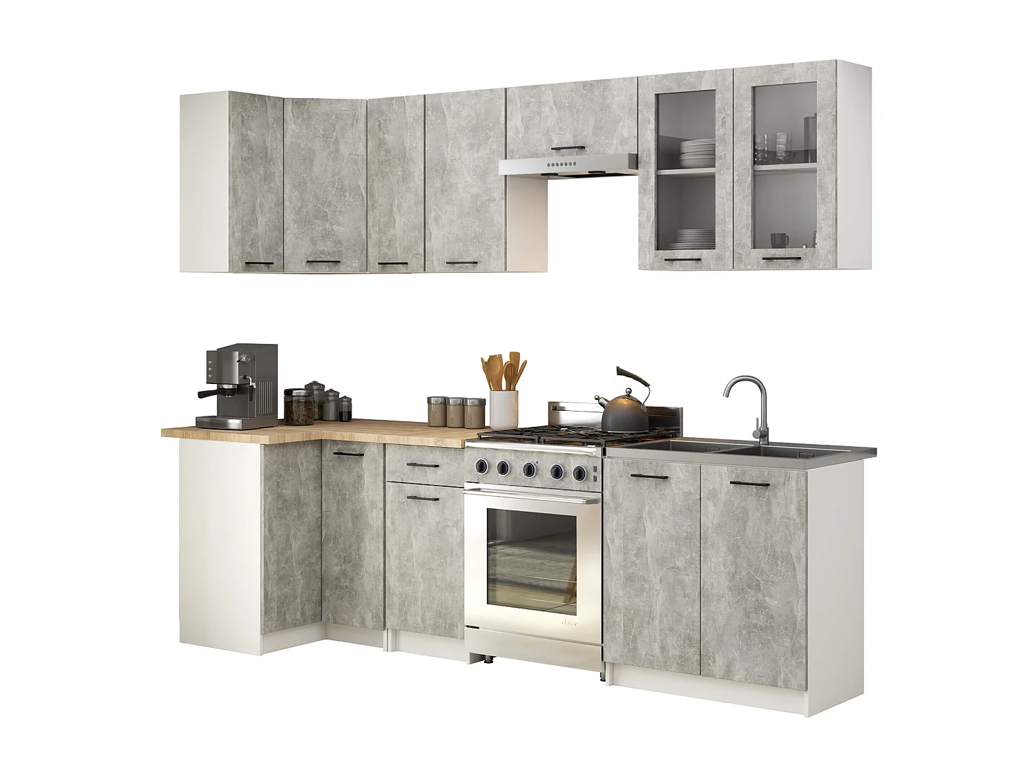 Küchenmöbel-Set OLIWIA 3.0m Modulares Weiß 300 cm 11 Türen 1 Schublade Front Beton B300xH203xT46 cm