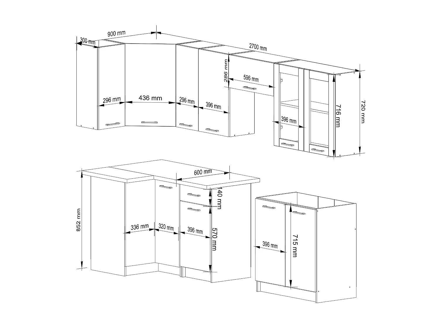 Küchenmöbel-Set OLIWIA 3.0m Modulares Weiß 300 cm 11 Türen 1 Schublade Front Beton B300xH203xT46 cm