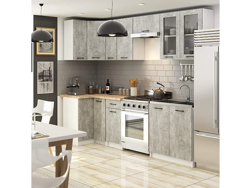 Ensemble de cuisine vitré AKORD OLIWIA 3.0m H720 Blanc 300 cm 11 portes 1 tiroir façade Béton 300x46x203 cm