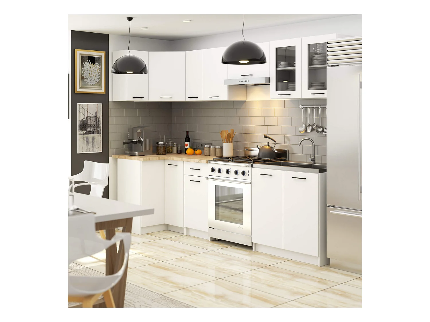 Ensemble de cuisine vitré AKORD OLIWIA 3.0m Blanc 300 cm 11 portes 1 tiroir façade Blanche 300x46x203 cm