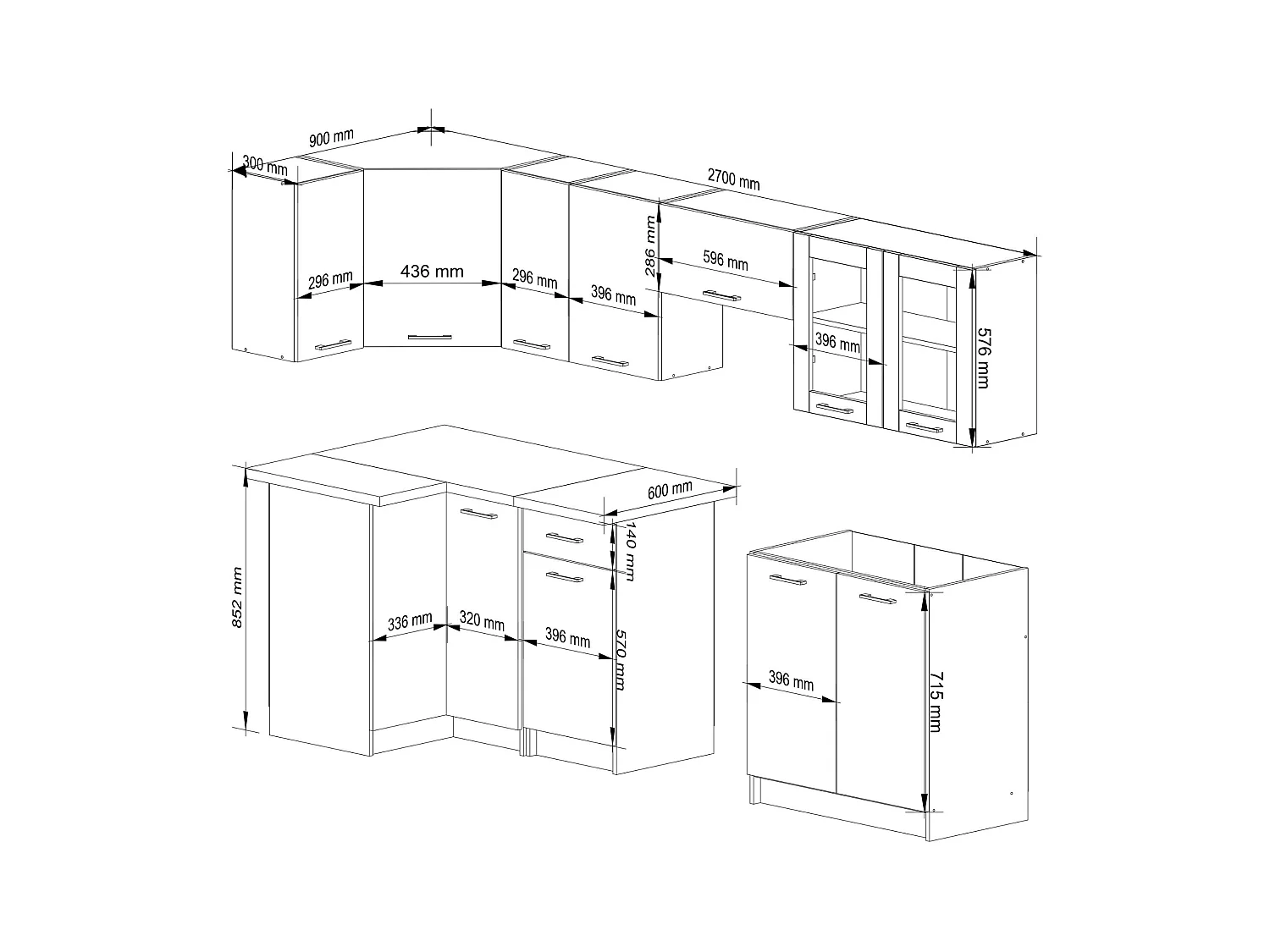 Ensemble de cuisine vitré AKORD OLIWIA 3.0m Blanc 300 cm 11 portes 1 tiroir façade Blanche 300x46x203 cm