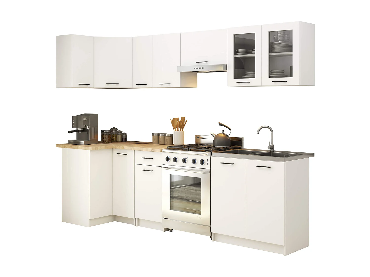 Küchenmöbel-Set OLIWIA 3.0m Modulares Weiß 300 cm 11 Türen 1 Schublade B300xH203xT46 cm