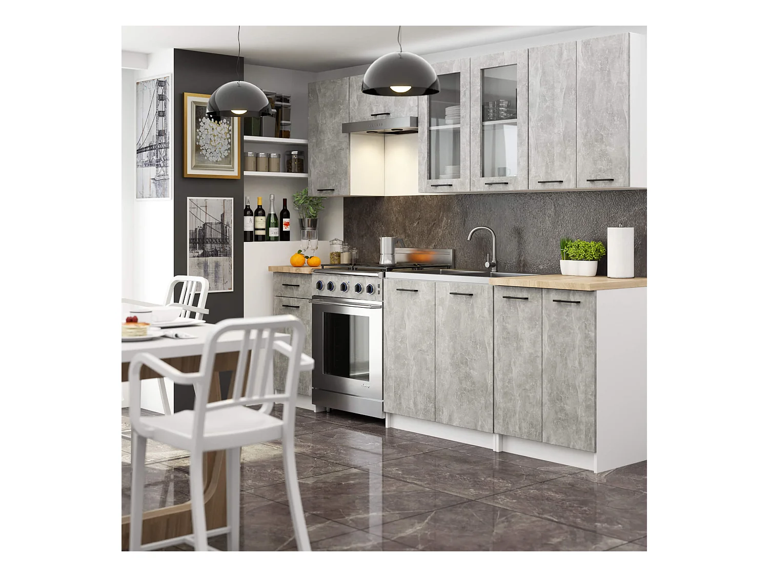 Küchenmöbel-Set OLIWIA 2.4m Modulares Weiß 240 cm 11 Türen 1 Schublade Front Beton B240xH203xT46 cm