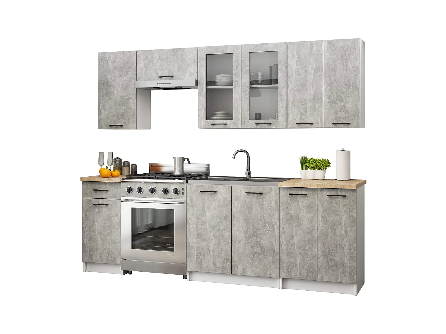 Küchenmöbel-Set OLIWIA 2.4m Modulares Weiß 240 cm 11 Türen 1 Schublade Front Beton B240xH203xT46 cm