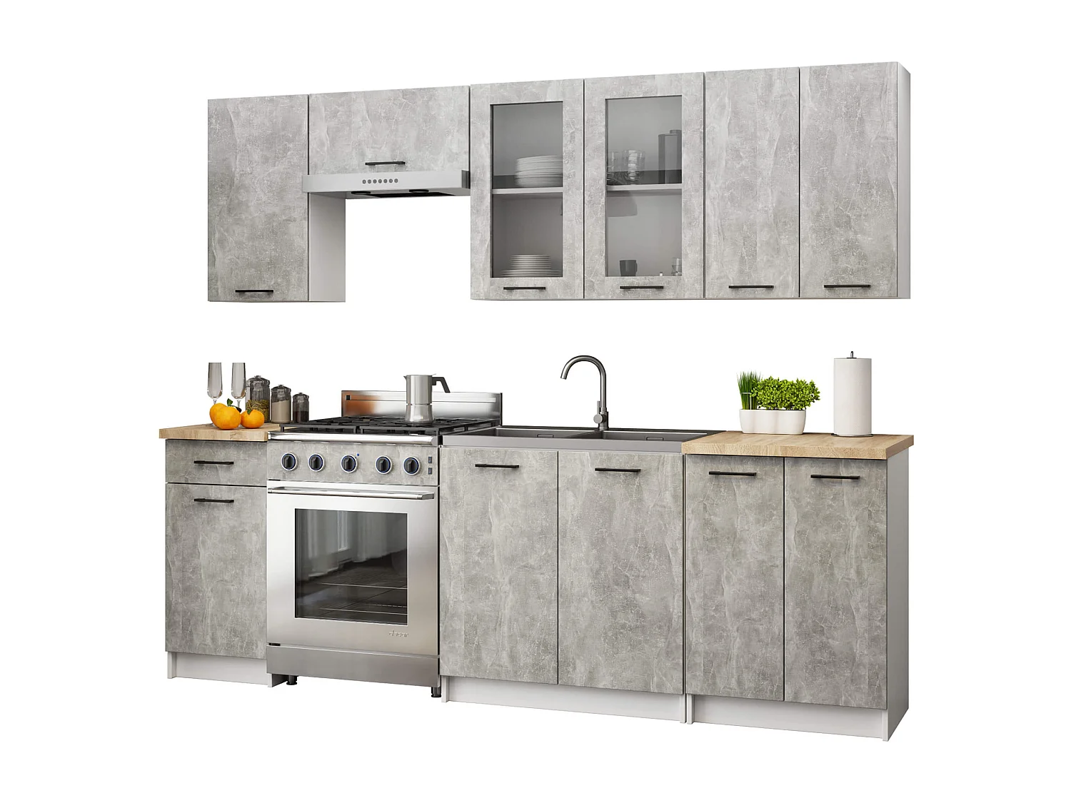 Ensemble de cuisine vitré AKORD OLIWIA 2.4m Blanc 240 cm 11 portes 1 tiroir façade Béton 240x46x203 cm