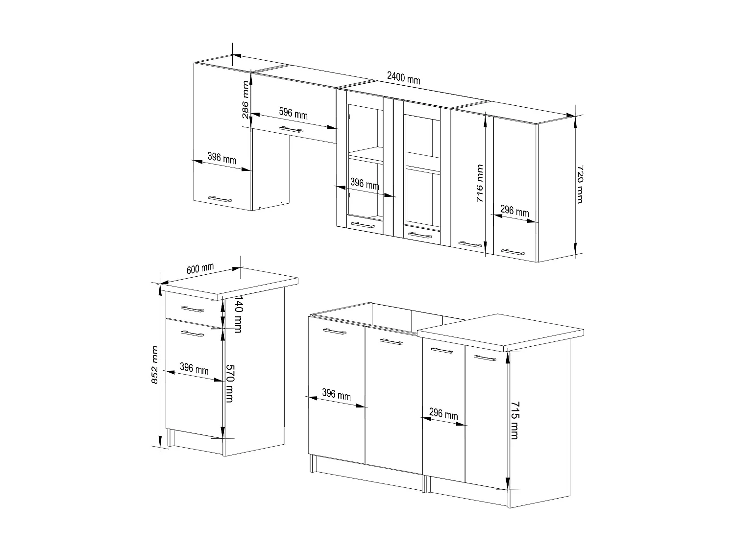 Ensemble de cuisine vitré AKORD OLIWIA 2.4m Blanc 240 cm 11 portes 1 tiroir façade Béton 240x46x203 cm