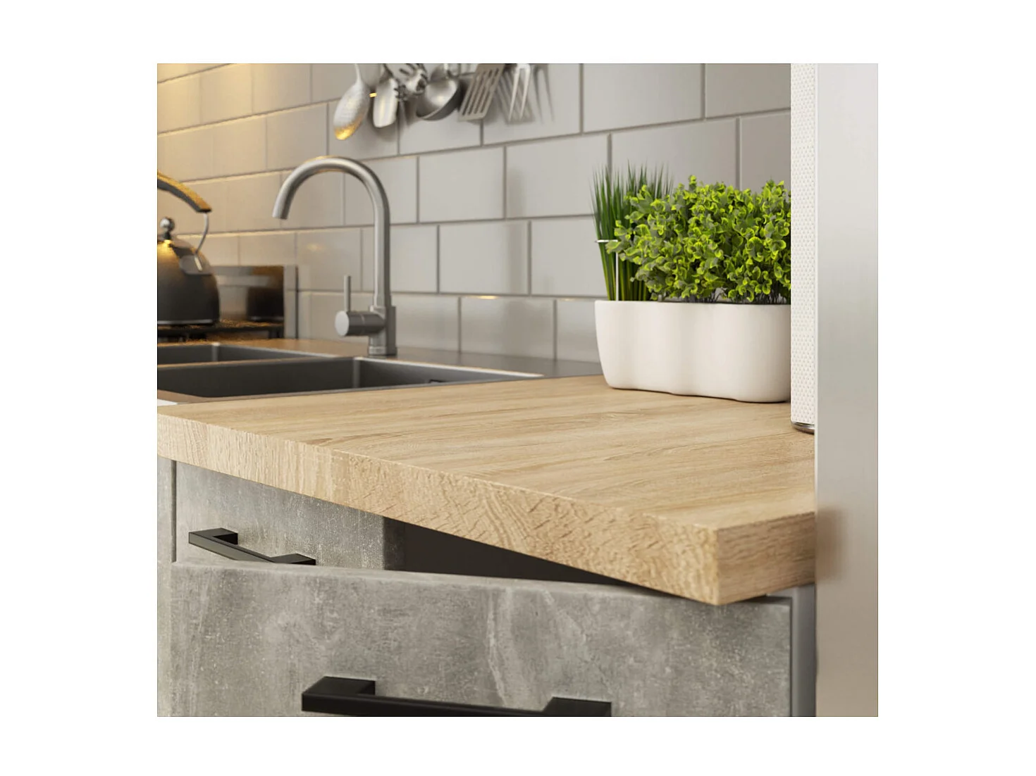 Ensemble de cuisine vitré AKORD OLIWIA 2.4m Blanc 240 cm 11 portes 1 tiroir façade Béton 240x46x203 cm