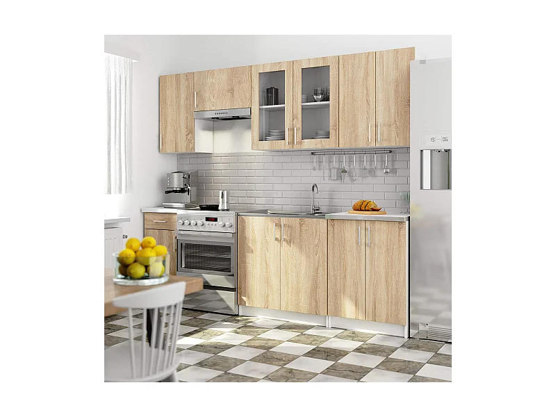 Ensemble de cuisine vitré AKORD LIMA 2.4m H720 Blanc 240 cm 11 portes 1 tiroir façade Chêne Sonoma 240x44,5x203 cm